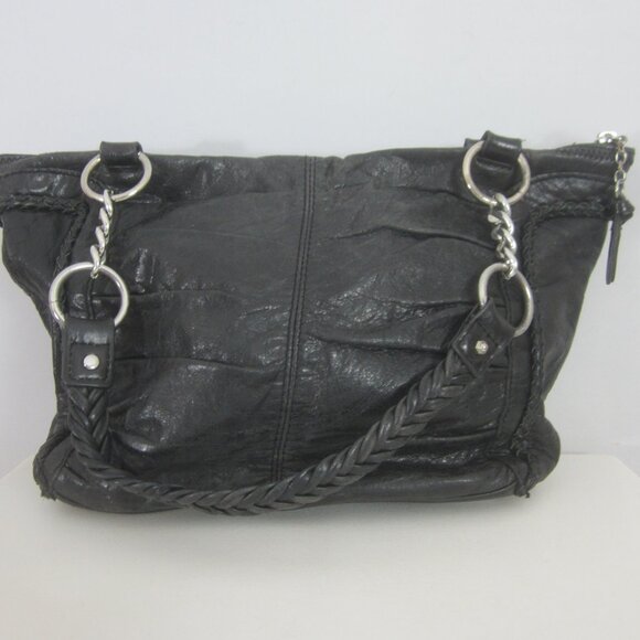 The Sak Womens Black Leather Purse Chain Braided Double Handle Bag Pleated Fob - Picture 3 of 13